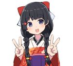  :d black_hair blue_eyes braid chikuwa_(majihima) double_v eyebrows_visible_through_hair flower hair_flower hair_ornament hair_over_shoulder hair_ribbon hairclip hands_up japanese_clothes kimono long_hair long_sleeves looking_to_the_side nijisanji obi open_mouth print_kimono red_ribbon ribbon sash simple_background sketch smile solo tsukino_mito twin_braids upper_body v virtual_youtuber white_background wide_sleeves 