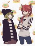  2girls beanie blush_stickers cropped_legs crossed_arms green_eyes hat hood hood_down hoodie long_sleeves looking_at_another maco22 multiple_girls original pom_pom_(clothes) pom_pom_beanie ponytail red_eyes red_hair shirt short_hair sleeves_past_wrists striped_clothes striped_shirt 