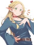  1girl belt belt_buckle blonde_hair blue_robe braid brown_belt buckle choker dungeon_meshi eitopondo elf emphasis_lines forehead green_eyes hand_on_own_chest hand_on_own_hip looking_at_viewer marcille_donato pointy_ears red_choker robe solo twin_braids upper_body white_background 
