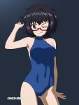  1girl ;q artist_name black_background black_eyes black_hair blue_one-piece_swimsuit closed_mouth commentary covered_navel cowboy_shot dated girls_und_panzer glasses hand_in_own_hair highres medium_hair messy_hair naotosi one-piece_swimsuit one_eye_closed oryou_(girls_und_panzer) red-framed_eyewear school_swimsuit semi-rimless_eyewear short_ponytail smile solo standing swimsuit tongue tongue_out under-rim_eyewear 