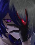  acheron_(honkai:_star_rail) black_choker black_gloves blood blood_from_eyes bright_pupils choker commentary covering_face diamond-shaped_pupils diamond_(shape) english_commentary gloves glowing glowing_eye hand_on_own_face heterochromia highres honkai:_star_rail honkai_(series) looking_down multicolored_hair portrait purple_eyes purple_hair red_eyes shaded_face symbol-shaped_pupils uneven_eyes white_hair white_pupils xen23_11 