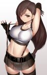  1girl arm_up armpits belt black_gloves black_skirt black_thighhighs breasts brown_eyes brown_hair commentary_request cowboy_shot crop_top earrings final_fantasy final_fantasy_vii final_fantasy_vii_remake fingerless_gloves gloves gradient_background highres jewelry large_breasts long_hair looking_at_viewer low-tied_long_hair machimura_komori midriff miniskirt navel revision skindentation skirt solo stomach suspenders thighhighs tifa_lockhart very_long_hair zettai_ryouiki 