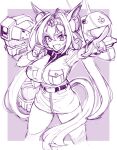  1girl animal_ears belt breasts daiwa_scarlet_(umamusume) dress gundam horse_ears horse_girl horse_tail kin-san_(sasuraiga) long_sleeves monochrome open_mouth pocket pointing puffy_long_sleeves puffy_sleeves smile solo tail tiara twintails umamusume 