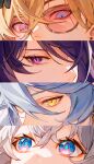  2boys 2girls acheron_(honkai:_star_rail) aventurine_(honkai:_star_rail) blonde_hair blue_eyes blue_hair crossed_bangs diamond-shaped_pupils diamond_(shape) eye_focus firefly_(honkai:_star_rail) grey_hair hair_between_eyes hair_over_one_eye honkai:_star_rail honkai_(series) looking_ahead looking_at_viewer looking_up multicolored_eyes multiple_boys multiple_girls pink-tinted_eyewear pink_eyes purple_eyes purple_hair shade srro_yo sunday_(honkai:_star_rail) sunglasses symbol-shaped_pupils tinted_eyewear yellow_eyes 