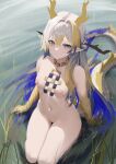  1girl absurdres arknights blonde_hair choker commentary grey_eyes groin highres horns jewelry long_hair navel necklace nipples nude shu_(arknights) sitting solo stomach thighs very_long_hair white_hair yan_kodiac 