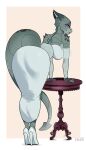 anthro back_side bedroom_eyes breasts butt clothing dragon dress female footwear furniture hi_res high_heels horn legwear mythological_creature mythological_scalie mythology narrowed_eyes scalie seductive solo standing table tail thick_thighs thigh_highs wide_hips zhadart