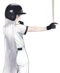  1girl baseball_bat baseball_helmet baseball_uniform black_gloves blue_eyes gloves helmet highres long_hair micchamu original pants profile shirt short_sleeves simple_background solo sportswear standing very_long_hair white_background white_pants white_shirt 