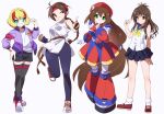  4girls bare_shoulders beret beyblade beyblade:_burst black_shorts black_skirt black_thighhighs blonde_hair blue_dress blue_eyes boots braid braided_ponytail brown_eyes brown_hair clenched_hand dress full_body green_eyes hat ichika_kindo iris_(mega_man) jacket kaidou_zx long_hair looking_at_viewer multicolored_hair multiple_girls one_eye_closed parted_lips purple_jacket red_dress red_footwear red_hair red_hat shirt short_hair shorts simple_background skirt sleeveless sleeveless_shirt smile smiley_face spandex the_king_of_fighters thighhighs thumbs_up to_love-ru two-tone_hair v very_long_hair white_background white_shirt white_tunic yuri_sakazaki yuuki_mikan 