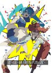  2girls absurdres apron arm_up blue_eyes blue_hair chinese_text choker collared_shirt confetti dress drill_hair empty_eyes gloves hat hatsune_miku highres kasane_teto long_hair mesmerizer_(vocaloid) multiple_girls necktie open_mouth pants puffy_short_sleeves puffy_sleeves red_eyes red_hair san_du shaded_face shirt short_sleeves smile socks standing standing_on_one_leg striped_clothes striped_dress striped_shirt suspenders translation_request twin_drills twintails utau very_long_hair vocaloid waist_apron wrist_cuffs 