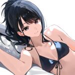 1girl backlighting bikini black_bikini black_eyes black_hair breasts closed_mouth commentary_request front-tie_bikini_top front-tie_top halterneck highres idolmaster idolmaster_shiny_colors kazano_hiori kinjin light_smile looking_at_viewer lying mole mole_under_mouth on_side ponytail small_breasts solo string_bikini swept_bangs swimsuit 