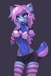  2022 alternate_species anthro blue_body blue_fur bottomwear braided_pigtails breasts claws clothed clothing fangs felid female fluffy fluffy_hair fur grey_background hair heart_eyes heart_symbol kolae kolae_(character) mammal midriff navel paws pink_hair saber-toothed_tiger sabertooth_(anatomy) shorts signature simple_background solo standing tail teeth topless 