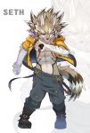  2018 anthro black_nose canine claws clothed clothing digital_media_(artwork) fur green_eyes hi_res male mammal muscular open_hoodie seth_(tas) tokyo_afterschool_summoners wl02024945 