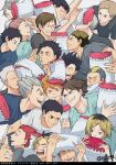  6+boys black_hair black_shirt blue_shirt bokuto_koutarou character_request closed_eyes closed_mouth grey_shirt grin haikyuu!! hanamaki_takahiro hinata_shouyou kageyama_tobio kozume_kenma kuroo_tetsurou multiple_boys nikuya_(strawberry_seinikuten) oikawa_tooru_(haikyuu!!) open_mouth orange_hair pillow red_hair sawamura_daichi shirt short_hair smile spiked_hair tanaka_ryuunosuke teeth tendou_satori v-shaped_eyebrows white_eyes white_hair white_shirt yamamoto_taketora 