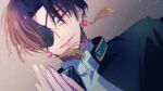  1boy brown_hair dutch_angle earrings eyepatch green_jacket hair_between_eyes hayato_suou jacket jewelry open_mouth red_eyes school_uniform solo swag_yo undershirt wind_breaker_(nii_satoru) 