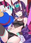  breasts choker commentary_request crop_top detached_sleeves eyebrows_visible_through_hair eyeliner fang fate/grand_order fate_(series) fox gourd hitsukuya horns leaning_back looking_at_viewer low_twintails makeup midriff navel off_shoulder oni_horns pelvic_curtain purple_eyes purple_hair short_twintails shuten_douji_(fate/grand_order) shuten_douji_(halloween)_(fate) sidelocks sitting sketch skirt small_breasts smile solo thighhighs twintails 