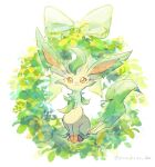  :3 all_fours animal_focus green_fur green_tail highres kosokoso_002 leafeon looking_at_viewer pokemon pokemon_(creature) smile solo twitter_username white_background wreath yellow_eyes 