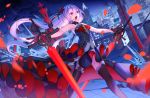  armpits bangs black_legwear blue_eyes breasts choker cityscape commentary_request cracked_floor cross dress dual_wielding eyebrows_visible_through_hair flamenco_outfit floating_hair floating_weapon flower frilled_legwear gloves hair_between_eyes hair_ornament highres holding honkai_impact long_hair looking_afar low-tied_long_hair luna_kindred mt_(ringofive) night night_sky open_mouth petals rooftop silver_hair sky small_breasts solo standing star_(sky) starry_sky strapless strapless_dress theresa_apocalypse thighhighs very_long_hair weapon wind wind_lift 