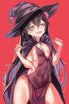  black_cape black_hair cape commentary_request cowboy_shot curled_fingers dress hair_ornament hat highres kantai_collection kisaragi_(kantai_collection) long_hair looking_at_viewer open_mouth pooor purple_dress red_background red_eyes simple_background smile solo standing witch_hat 