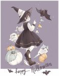  artist_name bandages bat black_eyes black_hair blush boots closed_mouth commentary_request dress fairyapple full_body ghost halloween happy_halloween hat long_sleeves looking_to_the_side original pumpkin purple_background russian_commentary short_hair simple_background solo witch_hat 