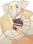 anthro blue_eyes blush cake clothing dessert elephant elephantid feeding feeding_viewer food heart_symbol hi_res hizen_(tamacolle) male mammal necktie one_eye_closed overweight proboscidean proboscis_(anatomy) solo tamacolle topwear trunk_(anatomy) tusks vest who_corals wink