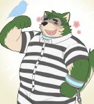 anthro avian belly bird blush canid canine canis cuff_(restraint) domestic_dog eyebrows eyewear fur goggles green_body green_fur handcuffs lifewonders live_a_hero male mammal metal_cuffs mokdai nikukyu299paw overweight prison_uniform restraints smile solo thick_eyebrows virtual_reality