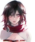 black_hair breasts brown_eyes cleavage ecru gradient_hair hair_between_eyes multicolored_hair parted_lips red_hair ruby_rose rwby simple_background sketch small_breasts solo two-tone_hair upper_body white_background 