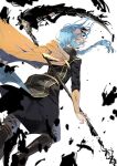  1boy absurdres aged_down black_robe blue_hair boots braid braided_ponytail cape character_name dated ferdinand_(honzuki_no_gekokujou) he_cco highres holding holding_weapon honzuki_no_gekokujou light_blue_hair long_hair looking_back male_focus robe scythe solo weapon yellow_cape yellow_eyes 