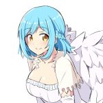  angel_wings blue_hair braid breasts capelet chikuwa_(majihima) cleavage closed_mouth collarbone dress elbow_gloves eyebrows_visible_through_hair french_braid gloves large_breasts leaning_forward looking_at_viewer moira_(nijisanji) mole mole_on_breast mole_under_mouth nijisanji short_hair sidelocks simple_background sleeveless sleeveless_dress smile solo strapless strapless_dress upper_body virtual_youtuber white_background white_capelet white_dress wings yellow_eyes 