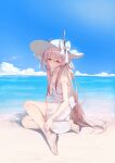  1girl absurdres arknights bandaid bandaid_on_foot bare_shoulders barefoot beach black_horns blue_sky blush bow c: chinese_commentary closed_mouth cloud commentary_request day dress full_body hair_between_eyes hand_on_own_leg hat hat_bow highres horizon horns long_hair looking_at_viewer material_growth ocean on_ground orange_eyes oripathy_lesion_(arknights) outdoors pink_hair qaq_baiguang sand sitting sky smile soles solo spaghetti_strap strap_slip sun_hat sunlight theresa_(arknights) toes very_long_hair water white_bow white_dress white_hat 