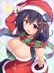  1girl :d arm_up bangs bare_shoulders black_hair black_skirt blush breasts christmas cleavage commentary_request detached_sleeves fur-trimmed_sleeves fur_trim hair_between_eyes hair_ornament hair_ribbon hand_up hat highres kantai_collection large_breasts long_hair long_sleeves looking_at_viewer miniskirt open_mouth red_eyes red_hat red_ribbon red_scarf red_shirt ribbon santa_costume santa_hat scarf shirt sidelocks skirt smile snow_(gi66gotyo) solo star striped striped_scarf taigei_(kantai_collection) upper_body whale_hair_ornament 