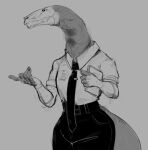  anthro bottomwear clipboard clothed clothing dress_shirt female fully_clothed greyscale hi_res long_neck monochrome monster necktie office_lady pants shirt simple_background solo titanogoro topwear unknown_species 