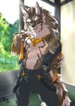  2018 absurd_res anthro black_nose canine claws clothed clothing digital_media_(artwork) fur green_eyes hi_res male mammal muscular open_hoodie piercing seth_(tas) tokyo_afterschool_summoners topless zetaxen 
