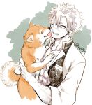  1boy animal bare_pectorals dog grimace hair_between_eyes holding holding_animal holding_dog kimetsu_no_yaiba krit licking licking_another&#039;s_face long_sleeves male_focus one_eye_closed pectorals scar scar_on_arm scar_on_chest scar_on_face scar_on_forehead scar_on_nose shiba_inu shinazugawa_sanemi solo twitter_username white_hair 