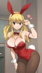  1girl alternate_costume animal_costume animal_ears arm_up bare_shoulders blonde_hair bow bowtie breasts brown_eyes brown_pantyhose cleavage covered_navel detached_collar fairy_tail gaston18 hand_on_own_thigh heart highres large_breasts leotard long_hair looking_at_viewer lucy_heartfilia pantyhose playboy_bunny rabbit_ears rabbit_tail red_bow red_bowtie red_leotard sidelocks smile solo tail twintails white_wrist_cuffs wrist_cuffs 