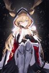  1girl animal_ears antlers arknights armor blonde_hair blue_eyes candle candlestand cloak commentary_request deer_antlers deer_ears deer_girl greaves hair_between_eyes holding_candle_stand hood hood_up hooded_cloak horns looking_at_viewer shironekoban smile solo vambraces viviana_(arknights) white_cloak 