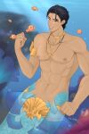  1boy abs agung_(coral_island) bara cowboy_shot dark-skinned_male dark_skin fins fish gold highres jewelry k_mmno large_pectorals looking_at_viewer male_focus merman monster_boy muscular muscular_male navel necklace nipples pectorals second-party_source seductive_smile short_hair smile solo stomach thick_eyebrows underwater 