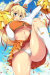  1girl animal_ears arm_up ass_visible_through_thighs blonde_hair blue_eyes blue_sky blurry blurry_background blush braid breasts cheerleader clothes_lift cloud commentary commission confetti darkness_(konosuba) day english_commentary fake_animal_ears groin hair_ornament hair_ribbon hairclip hand_up high_ponytail highres holding holding_pom_poms kneehighs kono_subarashii_sekai_ni_shukufuku_wo! large_breasts leg_up lindaroze linea_alba long_hair looking_at_viewer navel open_mouth orange_ribbon orange_shirt orange_skirt outdoors paid_reward_available panties pleated_skirt pom_pom_(cheerleading) raised_eyebrows ribbon shirt skirt skirt_lift sky socks solo standing standing_on_one_leg thick_thighs thighs twitter_username unaligned_breasts underboob underwear white_panties white_shirt white_socks x_hair_ornament 