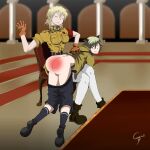  1boy 1girl animal_ears animated animated_gif ass blonde_hair breasts cat_ears chair clothes_pull gloves hellsing killua-zoaldyck over_the_knee pants pants_pull schroedinger_(hellsing) seras_victoria spanking uniform 