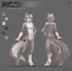  2018 4_toes 5_fingers anthro canine digital_media_(artwork) digitigrade gosetsuki grey_background grey_eyes grey_hair hair male mammal nude simple_background smile solo standing toes wolf 