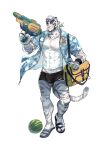  1boy abs animal_ears arknights bag bandaid bandaid_on_knee bandaid_on_leg bara black_shorts bulge carrying_bag claws cocowas35031414 cross_scar eyewear_on_head flip-flops floral_print food fruit furry furry_male highres holding holding_water_gun looking_at_viewer male_focus mountain_(arknights) muscular muscular_male open_clothes open_shirt pawpads pectorals ponytail sandals scar scar_across_eye scar_on_cheek scar_on_face shirt shorts shoulder_bag smile sunglasses tail tiger_boy tiger_ears tiger_stripes tiger_tail water_gun watermelon white_background white_shirt 