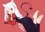  1girl absurdres animal_ears barefoot bob_(pixiv49522586) cerberus_(helltaker) grey_hair helltaker highres looking_at_viewer lying no_shoes no_socks on_stomach pointy_ears red_background red_eyes simple_background soles solo tail the_pose toes white_hair 