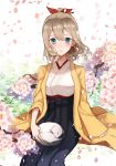  absurdres blue_eyes brown_hair cat_on_lap cherry_blossoms drill_hair feet_out_of_frame flower hair_between_eyes hair_ribbon hakama_skirt hatakaze_(kantai_collection) highres japanese_clothes kantai_collection kimono kocona light_brown_hair looking_at_viewer meiji_schoolgirl_uniform petals ponytail red_ribbon ribbon short_hair sleeping solo tareme 