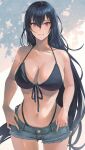  1girl bikini black_bikini black_hair breasts cleavage collarbone commentary_request denim denim_shorts front-tie_bikini_top front-tie_top hair_between_eyes highleg highleg_bikini highres kantai_collection kasumi_(skchkko) large_breasts long_hair looking_at_viewer nagato_(kancolle) navel parted_lips red_eyes shorts sidelighting simple_background smile solo swimsuit 