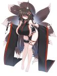  absurdres animal_ears bags_under_eyes barefoot breasts brown_hair chain chain_necklace fox_ears fox_girl fox_shadow_puppet fox_tail highres huge_breasts japanese_clothes jewelry kitsune kutan kyuubi large_tail long_sleeves multiple_tails necklace no_panties original paintbrush pinwheel pinwheel_hair_ornament red_eyes sideboob slit_pupils tail wide_sleeves 