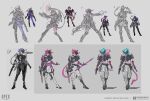  1girl alter_(apex_legends) apex_legends black_gloves blue_bodysuit bodysuit concept_art copyright_name crossbow dual_wielding english_commentary finger_gun finger_gun_to_head gloves grey_bodysuit grey_hair grey_pants gun head_tilt highres holding holding_crossbow holding_gun holding_polearm holding_weapon logo mechanical_tentacles multiple_views official_art pants pink_hair polearm production_art prototype_design purple_hair respawn_entertainment sketch spear walking weapon yang_niangniang 