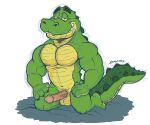  2024 anthro balls biceps crocodile crocodilian crocodylid deltoids erection genitals grin grinning_at_viewer hand_on_hip hi_res kneeling krunchycroc looking_at_viewer male manly muscular navel nipples pecs penis reptile scalie simple_background smile solo toothy_grin triceps vein veiny_penis white_background 