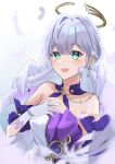  1girl :d aqua_eyes bare_shoulders choker commentary dress gloves grey_hair hair_intakes head_wings highres honkai:_star_rail honkai_(series) long_hair looking_at_viewer open_mouth purple_choker robin_(honkai:_star_rail) ruuna_(runa_runacat) smile solo strapless strapless_dress upper_body very_long_hair white_dress white_gloves wings 