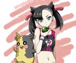  1girl arm_tattoo asymmetrical_bangs becky_oekaki black_choker black_hair breasts choker closed_mouth cropped_torso dusk_ball dynamax_band earrings expressionless green_eyes hair_ribbon hand_up highres holding holding_poke_ball jewelry looking_at_viewer marnie_(pokemon) morpeko morpeko_(full) navel poke_ball pokemon pokemon_(creature) pokemon_swsh ribbon single_earring small_breasts sports_bra stomach stud_earrings tattoo twintails undercut upper_body 