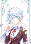  black_jacket blue_eyes cup earrings emo_(ricemo) eyebrows_visible_through_hair hair_ornament holding holding_cup jacket jewelry long_hair neck_ribbon red_ribbon ribbon rwby shiny shiny_hair shirt side_ponytail silver_hair smile solo teacup twitter_username upper_body very_long_hair weiss_schnee white_background white_shirt 