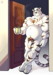 2024 absurd_res anthro belly biceps coffee_mug deltoids door doorway eyewear felid flaccid foreskin genitals glasses heart_symbol hi_res in_doorway inside leaning lomlynx looking_at_viewer male mammal manly musclegut muscular navel nipples pantherine pecs penis pubes slightly_chubby smile smiling_at_viewer solo steam tiger triceps vein veiny_penis